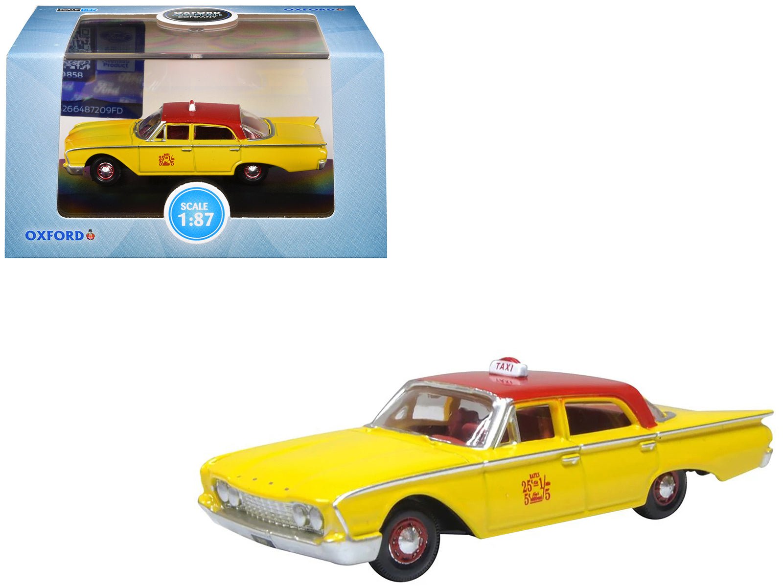 1960 Ford Fairlane Sedan "NYC Taxi" Yellow with Red Top and Interior 1/87 (HO) Scale Diecast Model Car by Oxford Diecast free shipping USA - Rapid Vehicles