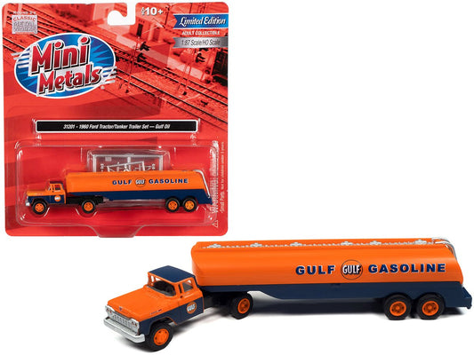 1960 Ford Tanker Truck Orange and Blue "Gulf Oil" 1/87 (HO) Scale Model by Classic Metal Works free shipping USA - Rapid Vehicles