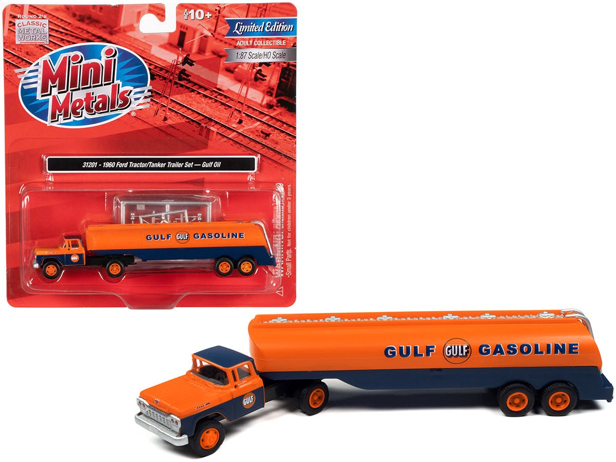1960 Ford Tanker Truck Orange and Blue "Gulf Oil" 1/87 (HO) Scale Model by Classic Metal Works free shipping USA - Rapid Vehicles