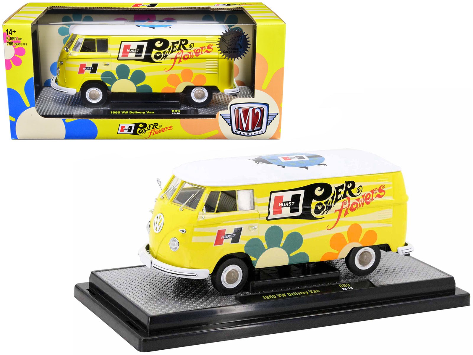 1960 Volkswagen Delivery Van Yellow with Bright White Top and Flower Graphics "Hurst Power Flowers" Limited Edition to 6550 pieces Worldwide 1/24 Diecast Model Car by M2 Machines free shipping USA - Rapid Vehicles