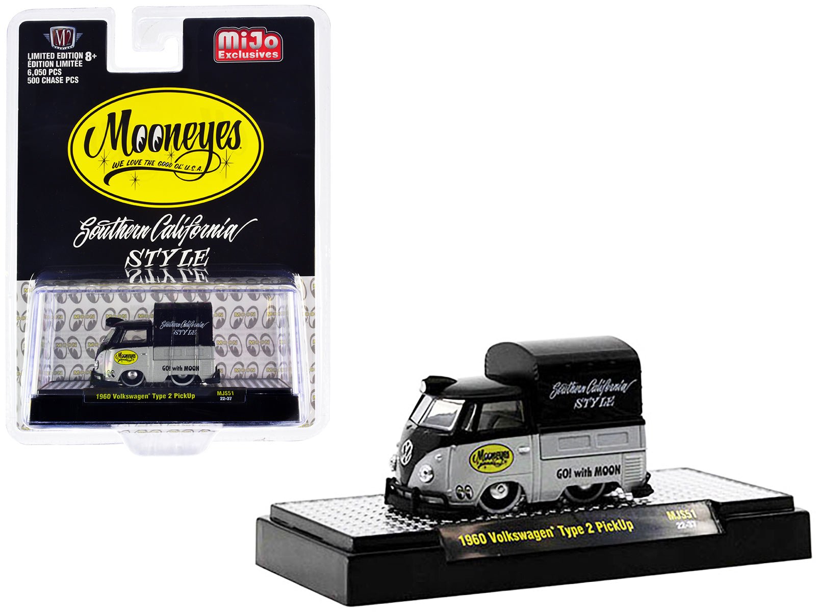 1960 Volkswagen Type 2 Pickup Truck with Canvas Cover "Mooneyes Southern California Style" Black and Gray Limited Edition to 6050 pieces Worldwide 1/64 Diecast Model Car by M2 Machines free shipping USA - Rapid Vehicles