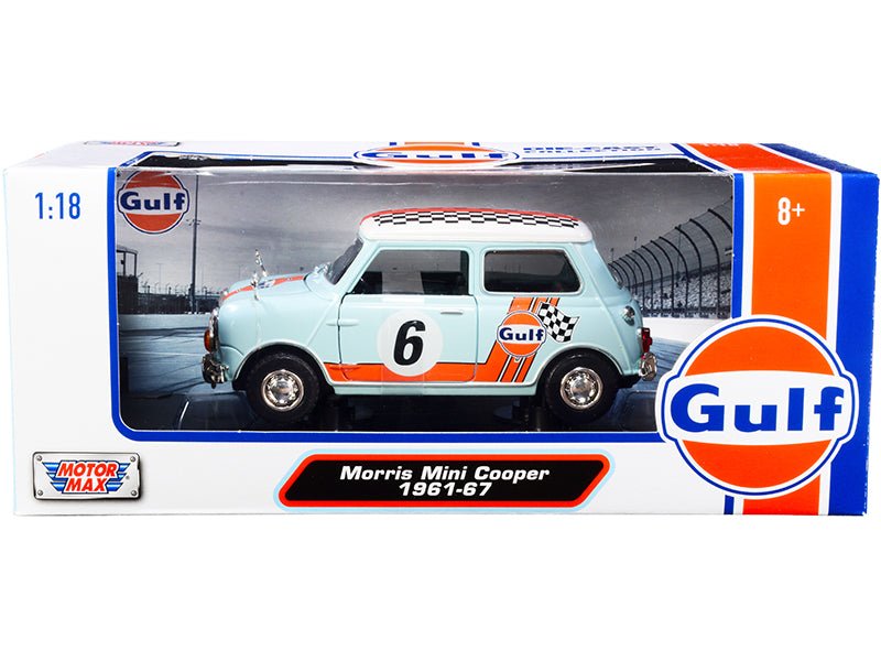1961 - 1967 Morris Mini Cooper RHD (Right Hand Drive) 6 "Gulf Oil" Light Blue with Orange Stripes and Checkered Top "City Classics" Series 1/18 Diecast Model Car by Motormax free shipping USA - Rapid Vehicles