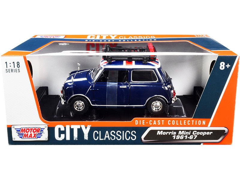 1961 - 1967 Morris Mini Cooper RHD (Right Hand Drive) Dark Blue with British Flag on the Top and Roof Rack "City Classics" Series 1/18 Diecast Model Car by Motormax free shipping USA - Rapid Vehicles
