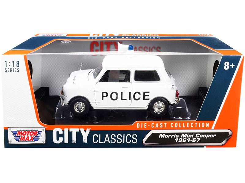 1961 - 1967 Morris Mini Cooper RHD (Right Hand Drive) "Police" White "City Classics" Series 1/18 Diecast Model Car by Motormax free shipping USA - Rapid Vehicles
