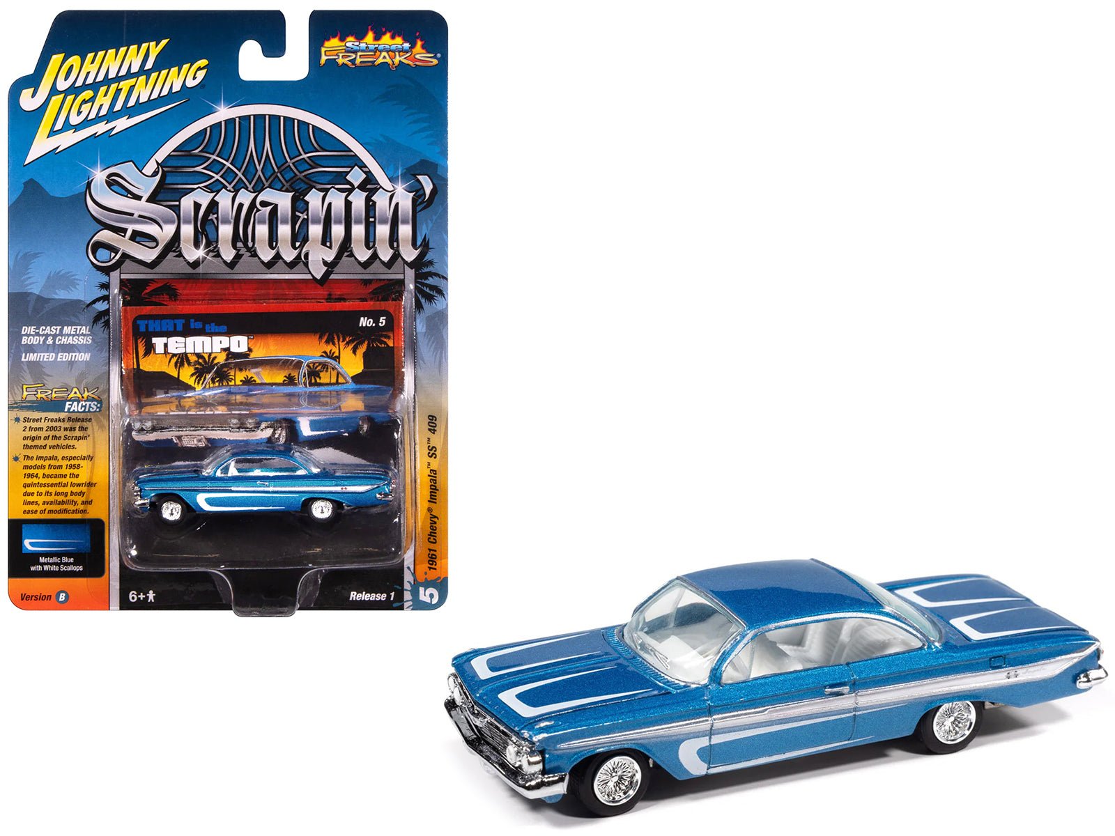 1961 Chevrolet Impala SS 409 Blue Metallic with White Stripes and Interior "Scrapin'" Series 1/64 Diecast Model Car by Johnny Lightning free shipping USA - Rapid Vehicles