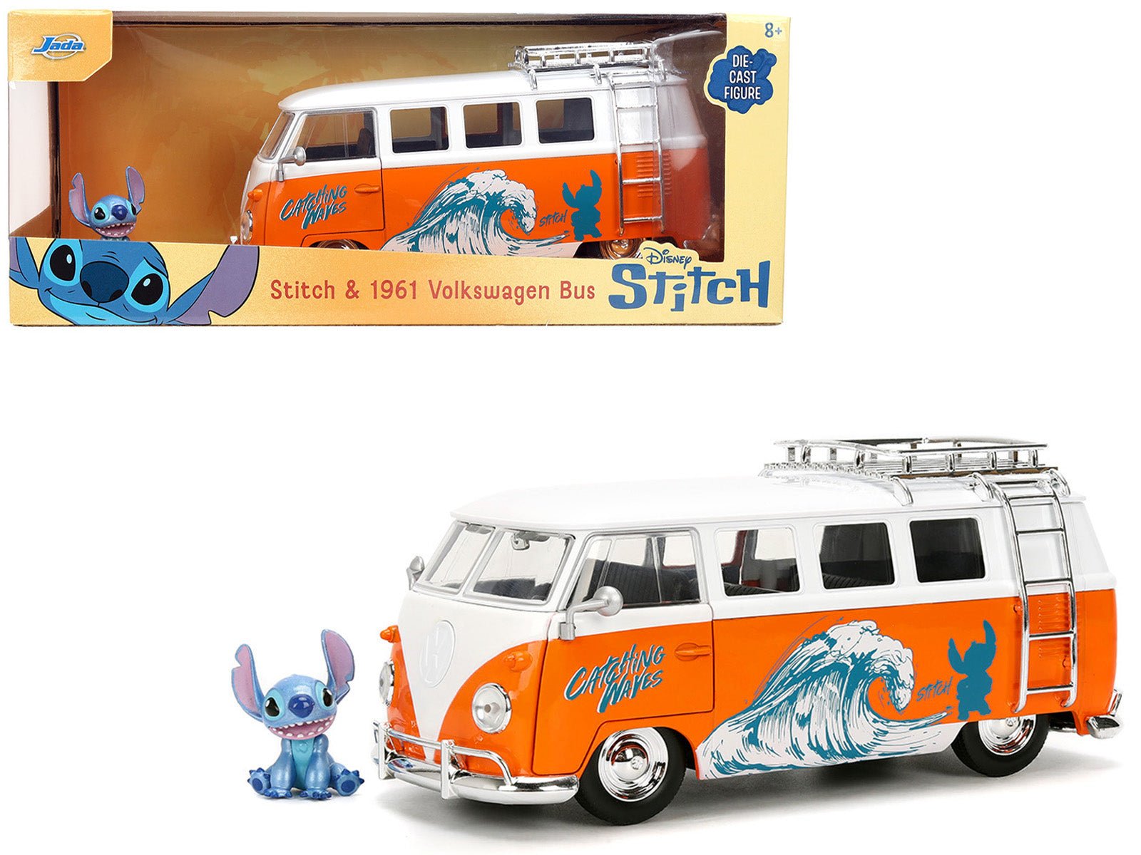 1961 Volkswagen Bus "Catching Waves" White and Orange with Stich Diecast Figure "Disney's Stitch" "Hollywood Rides" Series 1/24 Diecast Model by Jada free shipping USA - Rapid Vehicles