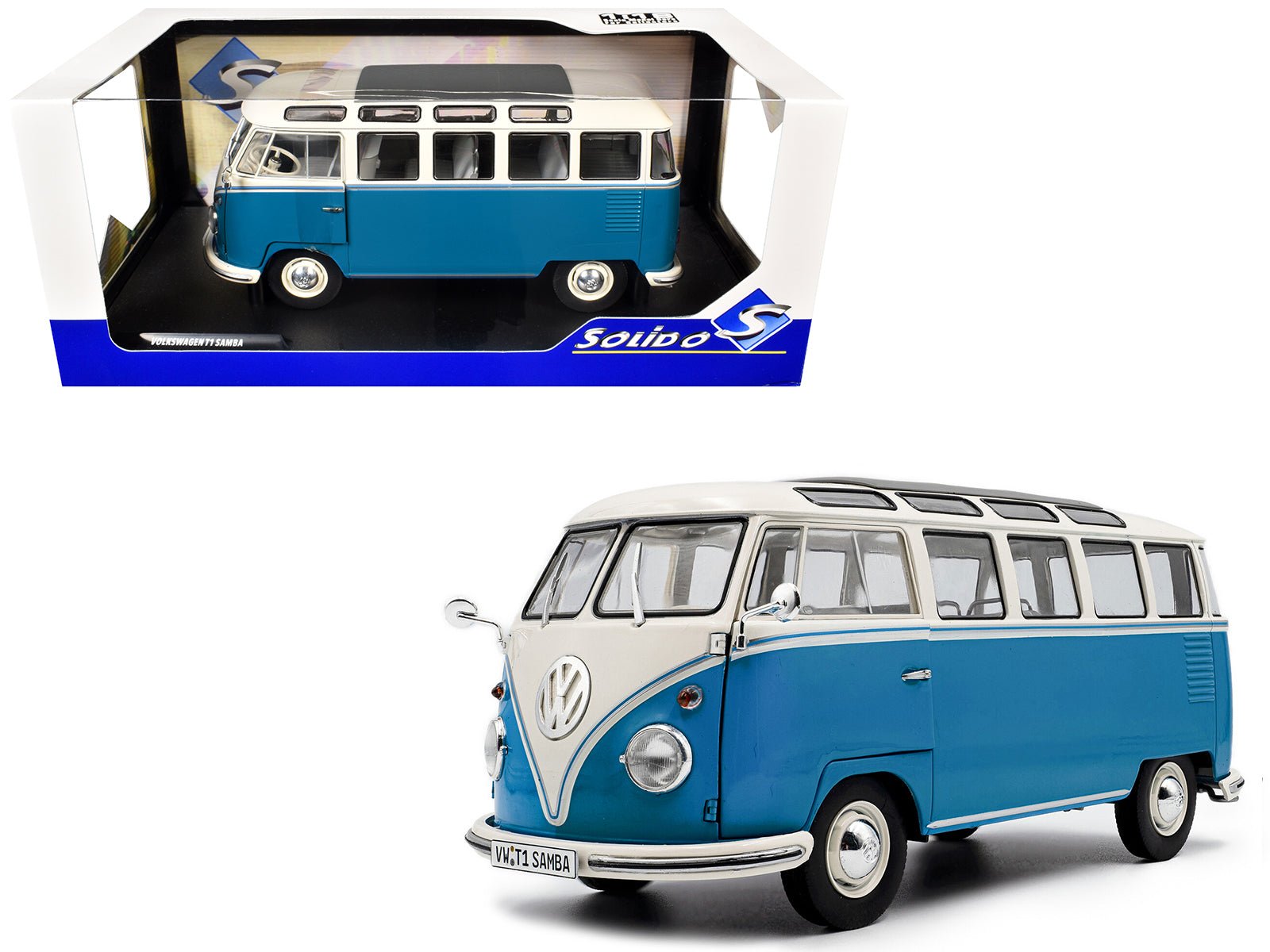1962 Volkswagen T1 Samba Bus Baby Blue and White 1/18 Diecast Model Car by Solido free shipping USA - Rapid Vehicles