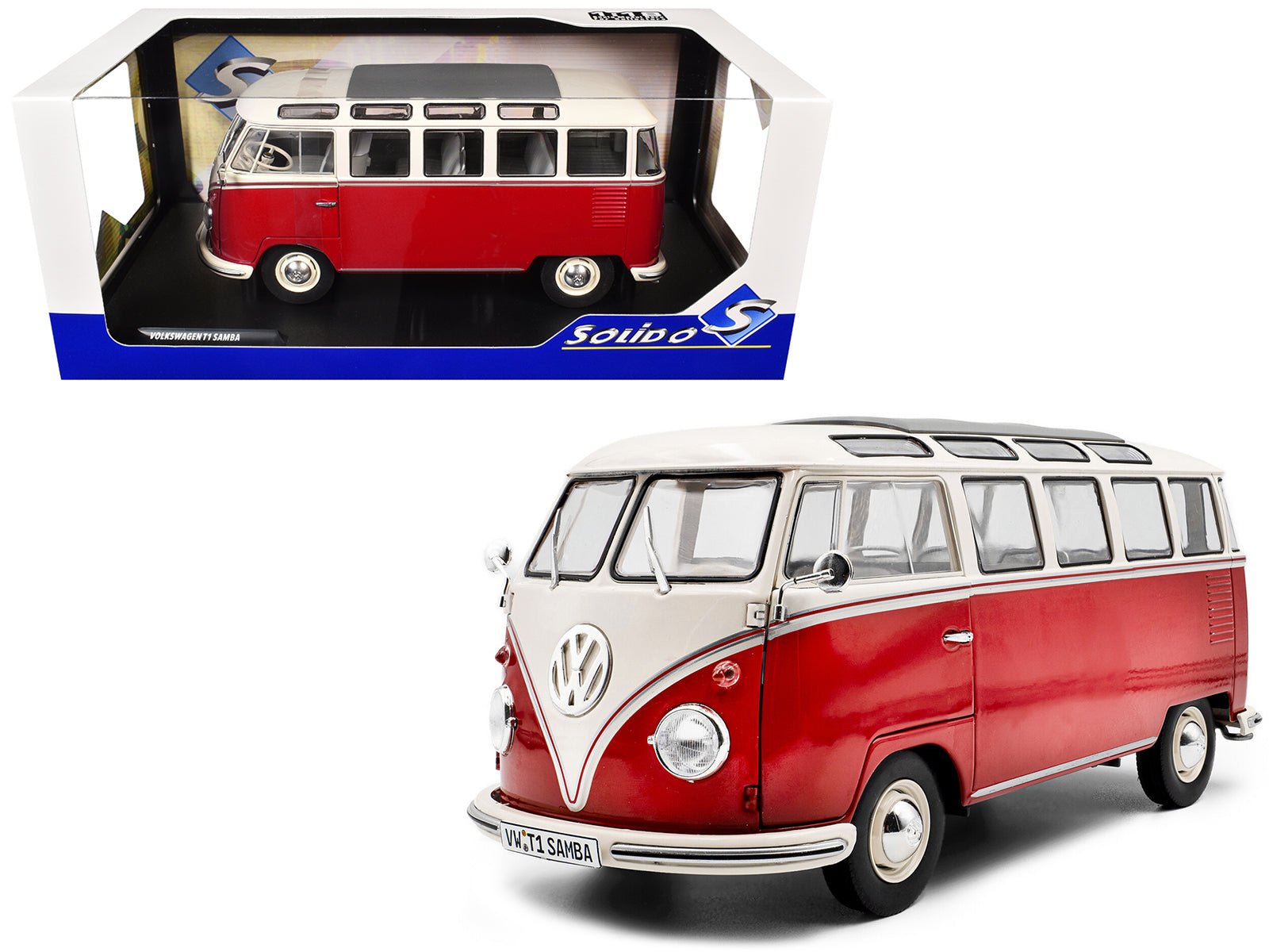 1962 Volkswagen T1 Samba Bus Red and White 1/18 Diecast Model Car by Solido free shipping USA - Rapid Vehicles