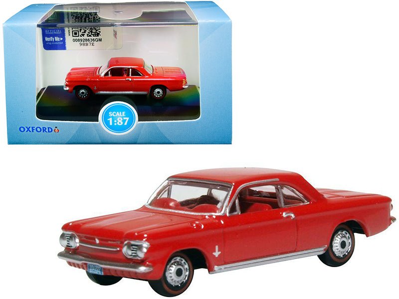 1963 Chevrolet Corvair Coupe Riverside Red with Red Interior 1/87 (HO) Scale Diecast Model Car by Oxford Diecast free shipping USA - Rapid Vehicles
