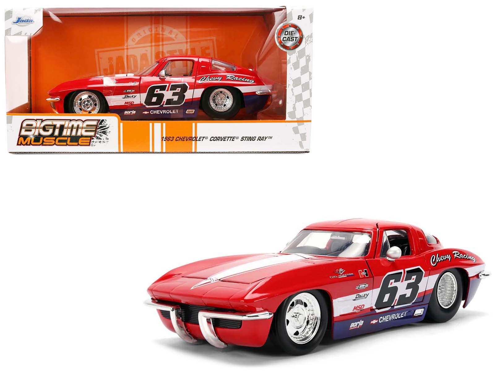 1963 Chevrolet Corvette Stingray 63 "Chevy Racing" Red with White and Blue Stripes "Bigtime Muscle" Series 1/24 Diecast Model Car by Jada free shipping USA - Rapid Vehicles