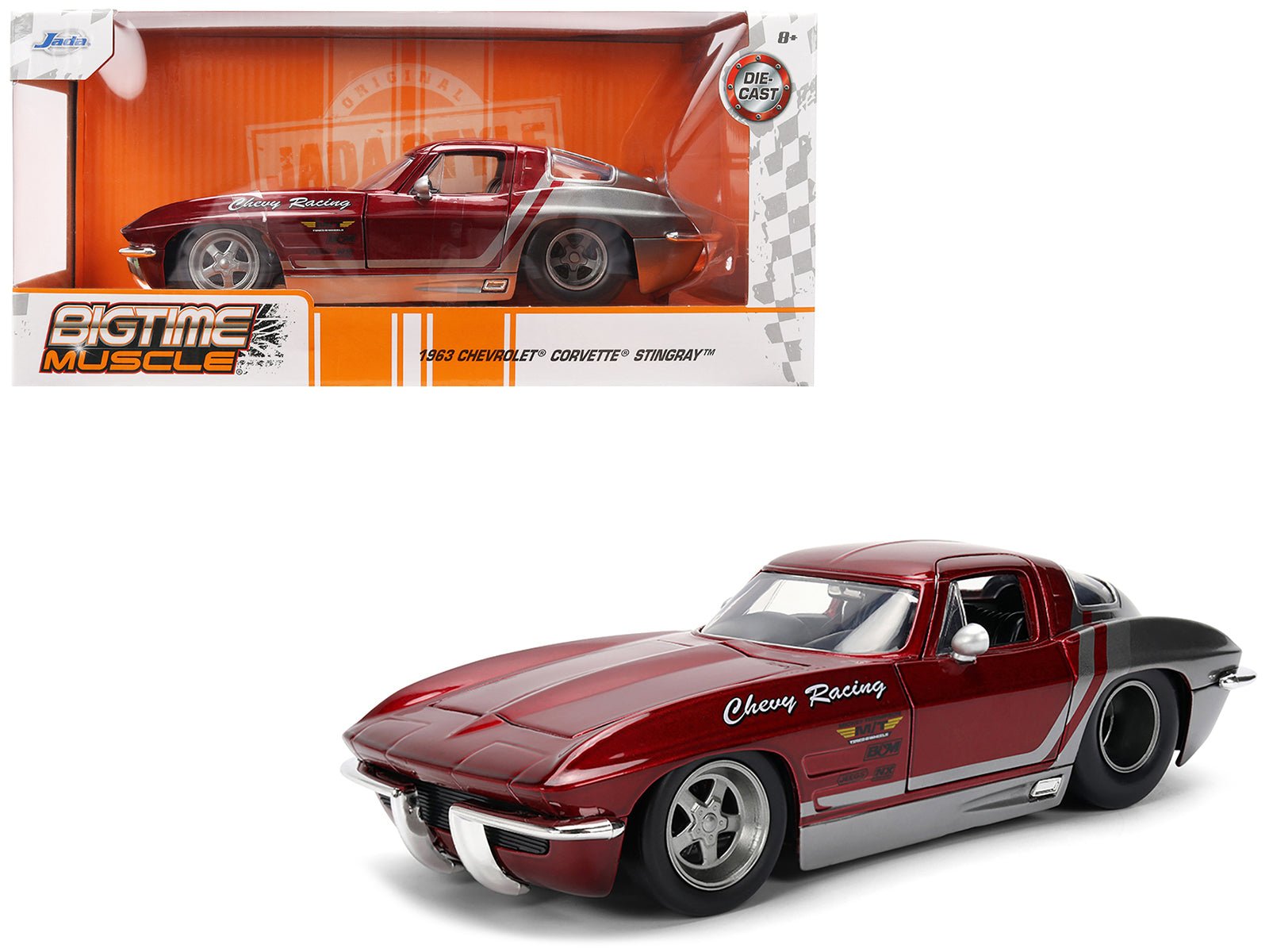 1963 Chevrolet Corvette Stingray "Chevy Racing" Red Metallic and Gray "Bigtime Muscle" Series 1/24 Diecast Model Car by Jada free shipping USA - Rapid Vehicles
