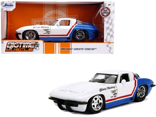 1963 Chevrolet Corvette Stingray White and Blue with Red Stripe "Chevy Racing" "Bigtime Muscle" 1/24 Diecast Model Car by Jada free shipping USA - Rapid Vehicles
