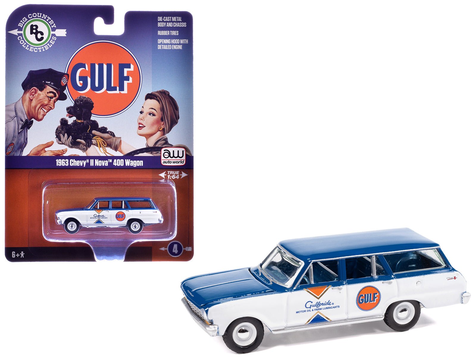 1963 Chevrolet II Nova 400 Wagon "Gulf" Blue and White with Blue Interior "Big Country Collectibles" 2025 Series 1/64 Diecast Model Car by Auto World free shipping USA - Rapid Vehicles