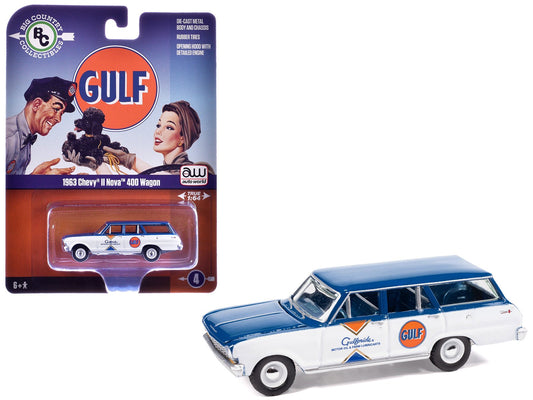 1963 Chevrolet II Nova 400 Wagon "Gulf" Blue and White with Blue Interior "Big Country Collectibles" 2025 Series 1/64 Diecast Model Car by Auto World free shipping USA - Rapid Vehicles