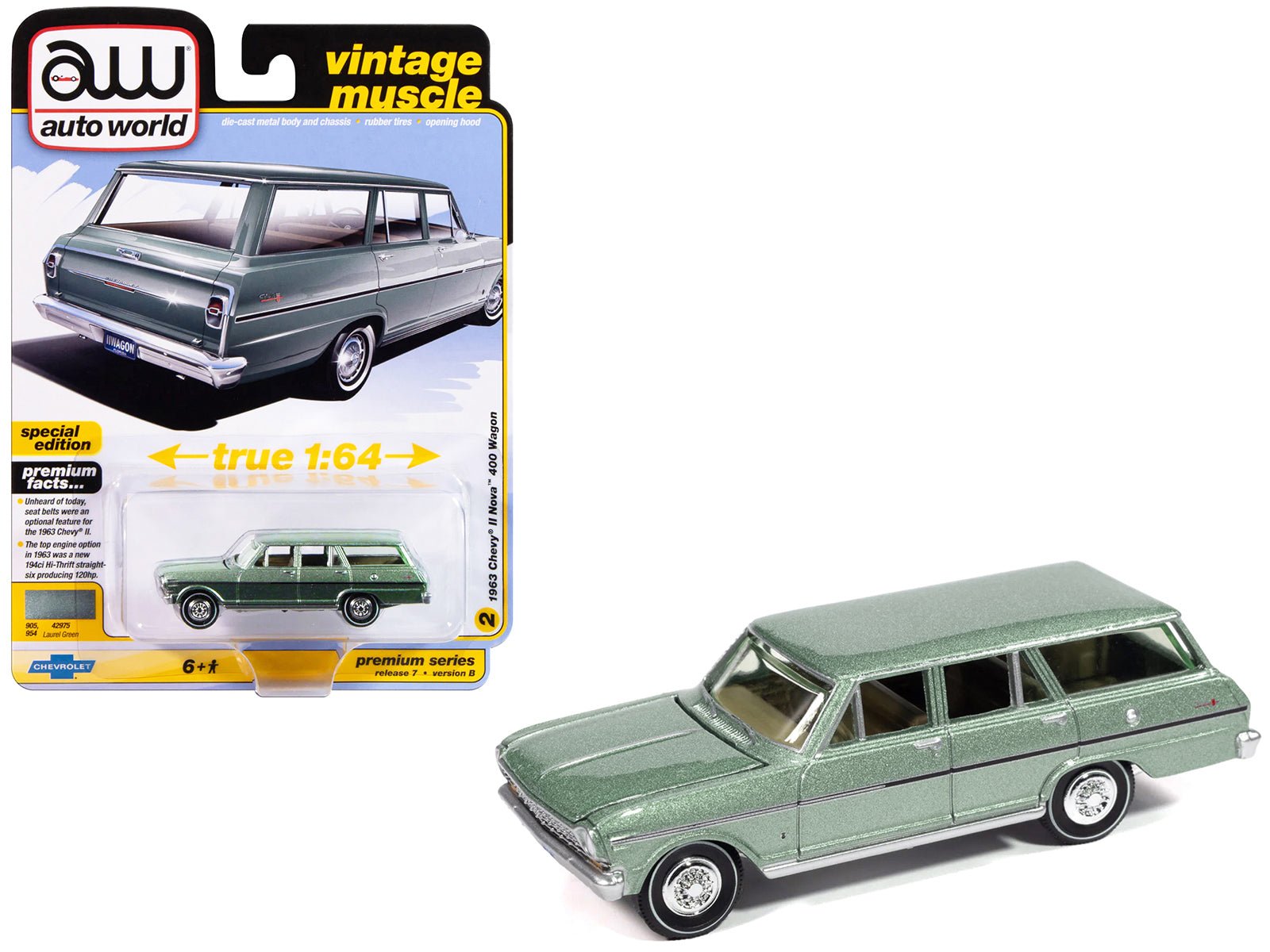1963 Chevrolet II Nova 400 Wagon Laurel Green Metallic "Vintage Muscle" Series 1/64 Diecast Model Car by Auto World free shipping USA - Rapid Vehicles