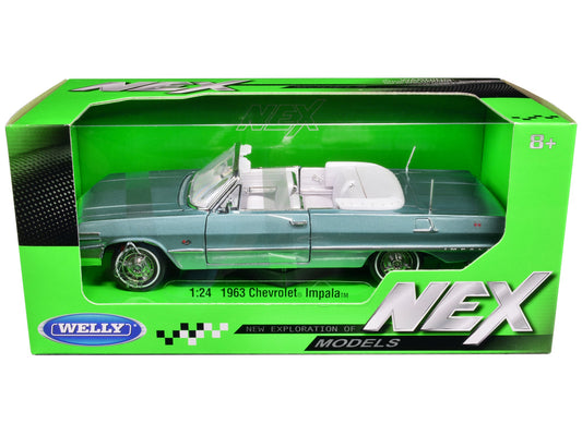 1963 Chevrolet Impala Convertible Light Blue Metallic with White Interior "NEX Models" 1/24 Diecast Model Car by Welly free shipping USA - Rapid Vehicles