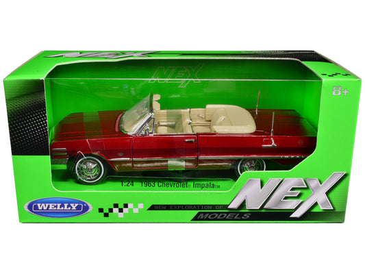 1963 Chevrolet Impala Convertible Red Metallic "NEX Models" 1/24 Diecast Model Car by Welly free shipping USA - Rapid Vehicles