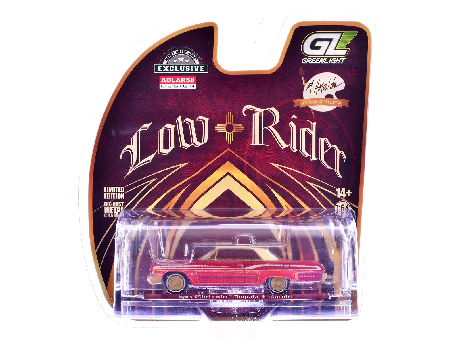1963 Chevrolet Impala Lowrider "Michael Heralda Special Edition" Red Metallic with Cream Top and Interior with Gold Graphics "Hobby Exclusive" Series 1/64 Diecast Model Car by Greenlight free shipping USA - Rapid Vehicles