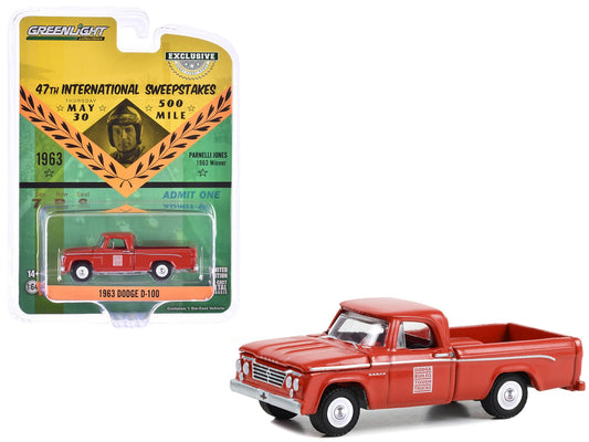 1963 Dodge D - 100 Pickup Truck "47th International 500 Mile Sweepstakes - Indianapolis 500 Official Truck" Red "Hobby Exclusive" Series 1/64 Diecast Model Car by Greenlight free shipping USA - Rapid Vehicles
