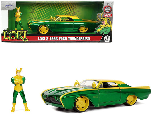 1963 Ford Thunderbird Green and Yellow Metallic with Hood Graphics and Loki Diecast Figure "Loki" "Marvel" Series 1/24 Diecast Model Car by Jada free shipping USA - Rapid Vehicles