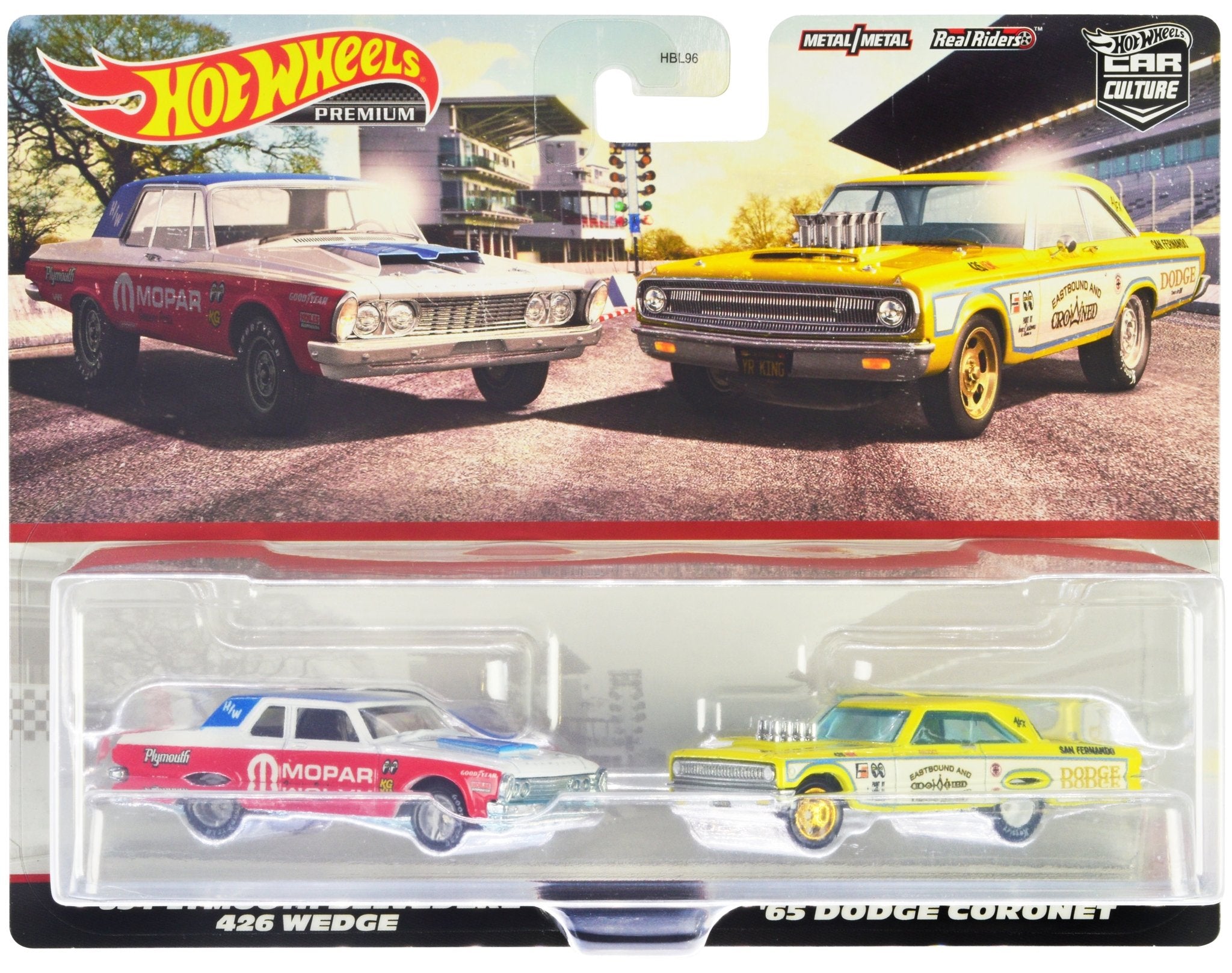 1963 Plymouth Belvedere 426 Wedge "MOPAR" White and Red with Blue Top and 1965 Dodge Coronet "Eastbound and Crowned" Yellow and White "Car Culture" Set of 2 Cars Diecast Model Cars by Hot Wheels free shipping USA - Rapid Vehicles