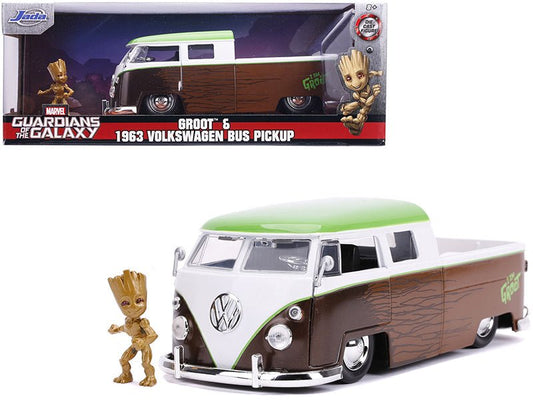 1963 Volkswagen Bus Pickup Truck with Groot Diecast Figurine "Guardians of the Galaxy" "Marvel" Series 1/24 Diecast Model Car by Jada free shipping USA - Rapid Vehicles