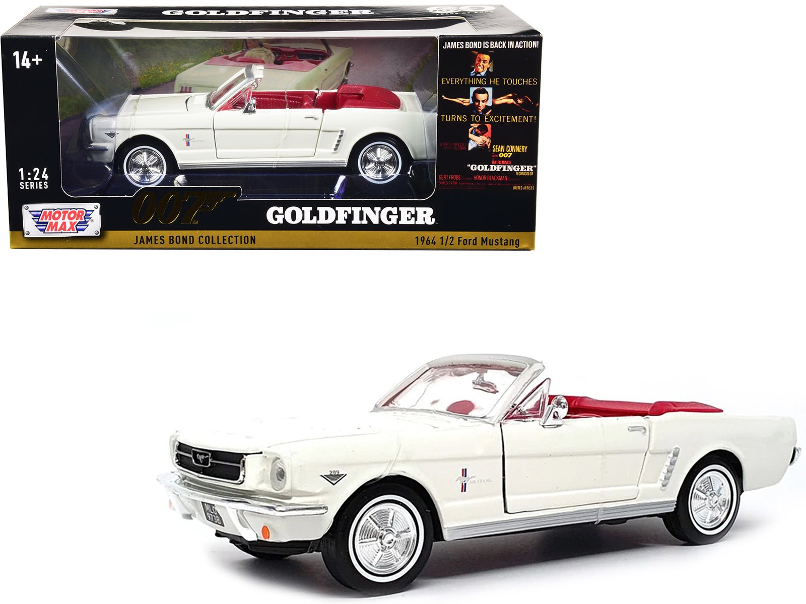 1964 1/2 Ford Mustang Convertible White with Red Interior James Bond 007 "Goldfinger" (1964) Movie "James Bond Collection" Series 1/24 Diecast Model Car by Motormax free shipping USA - Rapid Vehicles