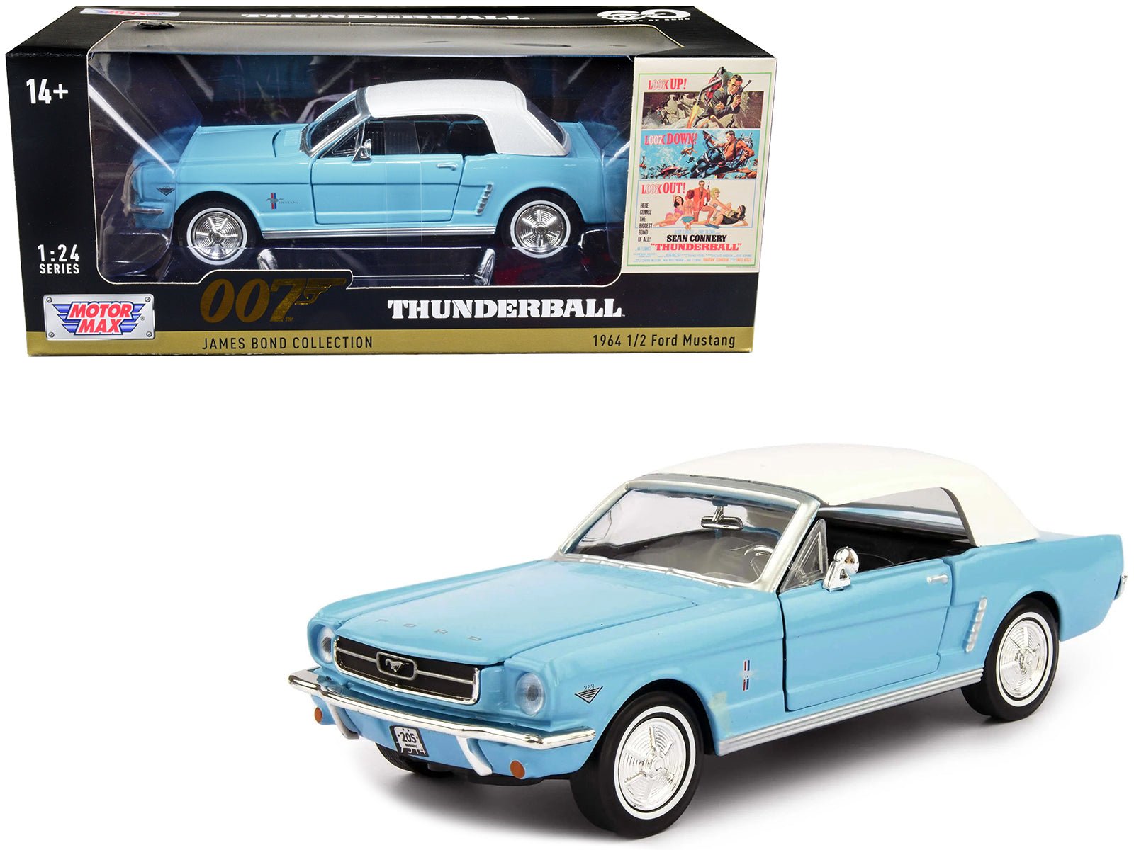 1964 1/2 Ford Mustang Light Blue with White Top James Bond 007 "Thunderball" (1965) Movie "James Bond Collection" Series 1/24 Diecast Model Car by Motormax free shipping USA - Rapid Vehicles