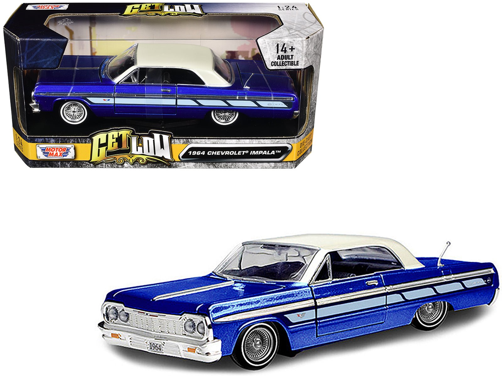 1964 Chevrolet Impala Lowrider Hard Top Candy Blue Metallic with Cream Top "Get Low" Series 1/24 Diecast Model Car by Motormax free shipping USA - Rapid Vehicles