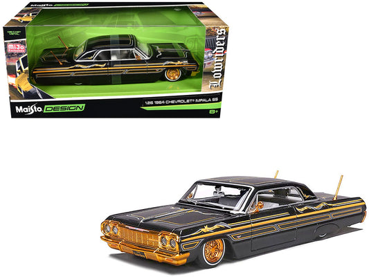 1964 Chevrolet Impala SS Lowrider Black Metallic with Gold Graphics and Gray Interior "Lowriders" "Maisto Design" Series 1/26 Diecast Model Car by Maisto free shipping USA - Rapid Vehicles