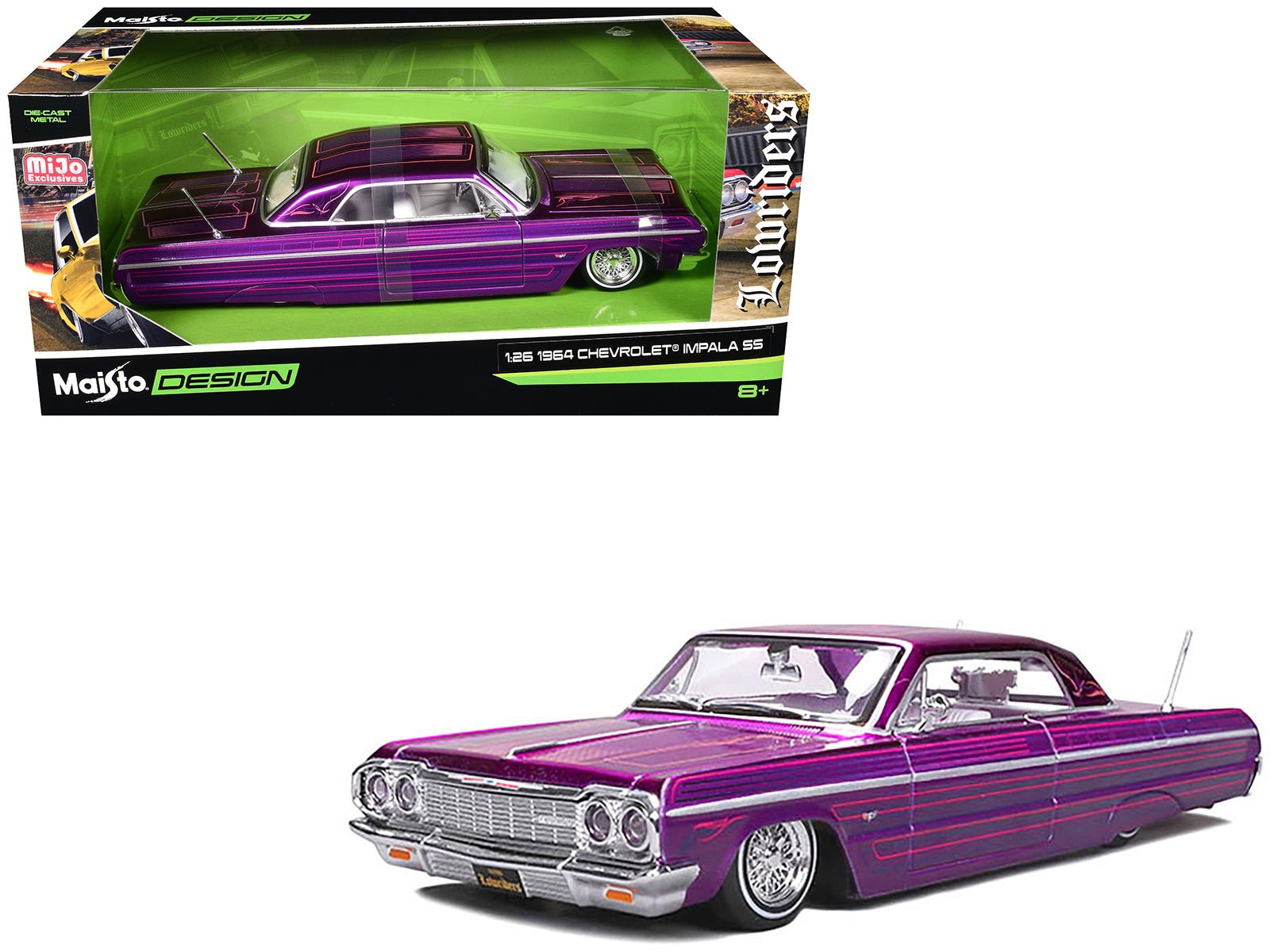 1964 Chevrolet Impala SS Lowrider Candy Purple with Graphics and White Interior "Lowriders" "Maisto Design" Series 1/26 Diecast Model Car by Maisto free shipping USA - Rapid Vehicles