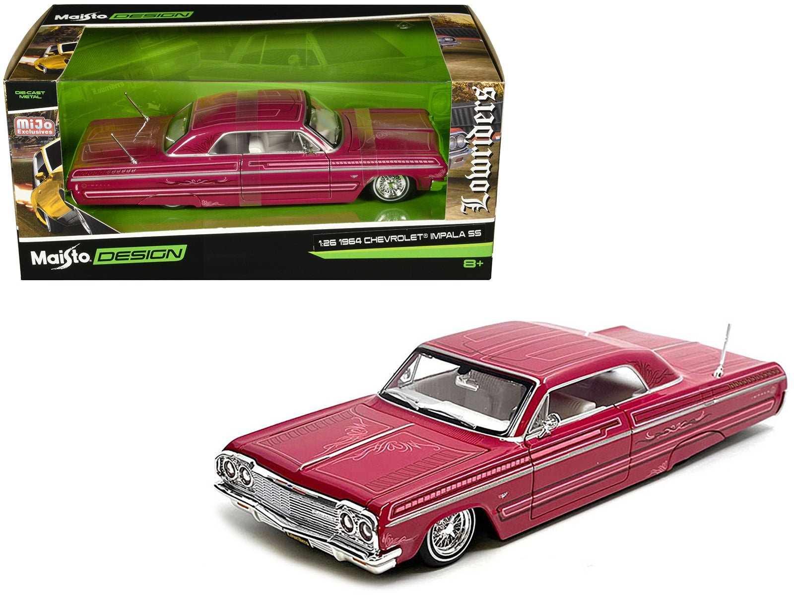 1964 Chevrolet Impala SS Lowrider Pink with Graphics and White Interior "Lowriders" "Maisto Design" Series 1/26 Diecast Model Car by Maisto free shipping USA - Rapid Vehicles