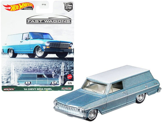 1964 Chevrolet Nova Panel Light Blue Metallic with White Top "Fast Wagons" Series Diecast Model Car by Hot Wheels free shipping USA - Rapid Vehicles