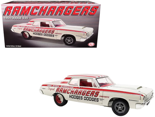 1964 Dodge 330 "Ramchargers" White with Red Graphics and Stripes Limited Edition to 504 pieces Worldwide 1/18 Diecast Model Car by ACME free shipping USA - Rapid Vehicles