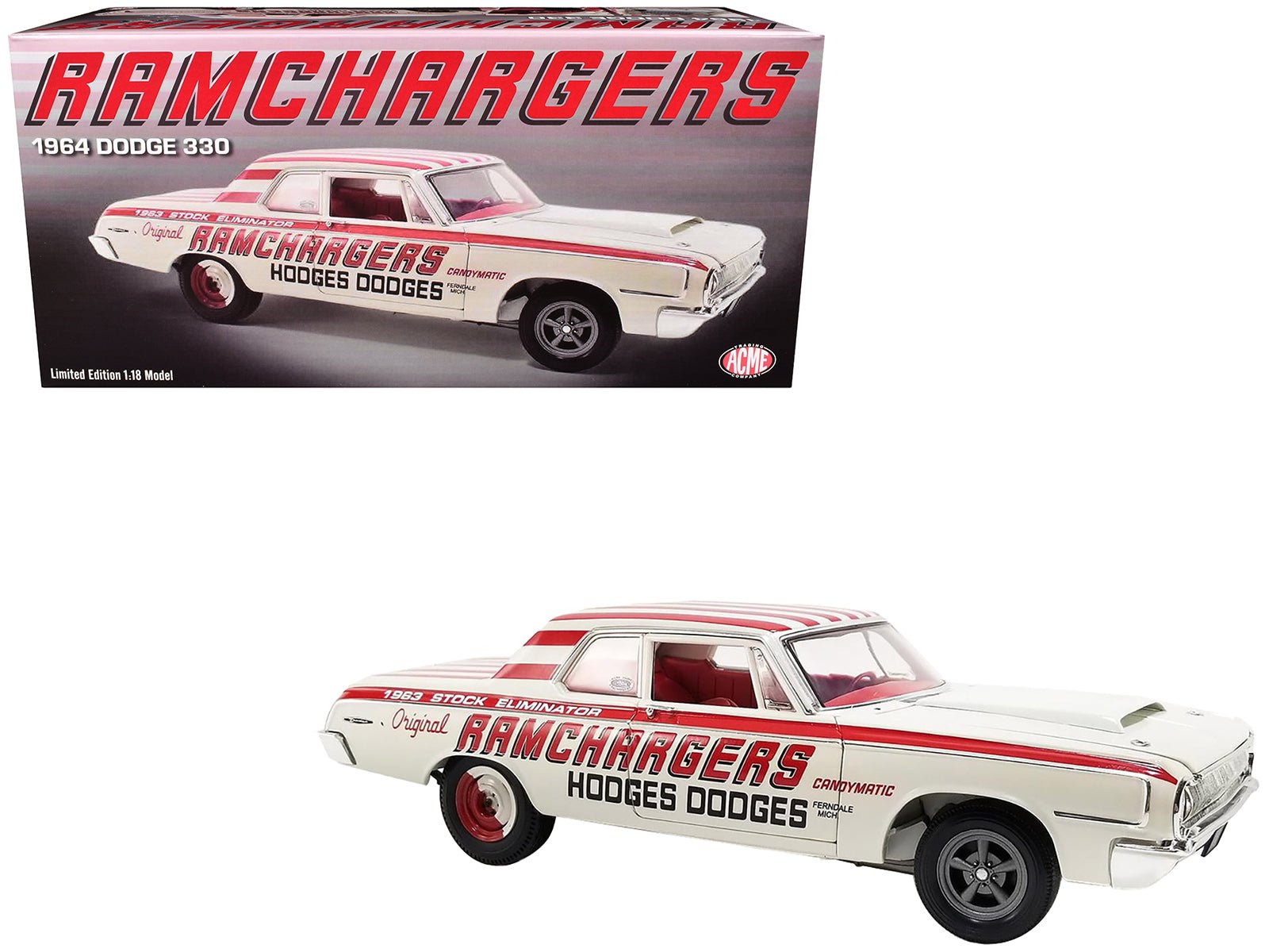 1964 Dodge 330 "Ramchargers" White with Red Graphics and Stripes Limited Edition to 504 pieces Worldwide 1/18 Diecast Model Car by ACME free shipping USA - Rapid Vehicles