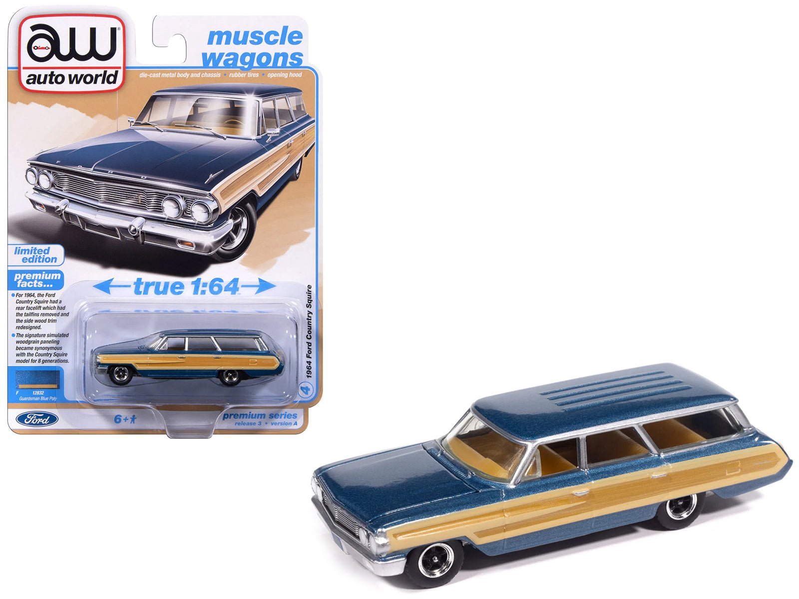 1964 Ford Country Squire Guardsman Blue Metallic with Woodgrain Sides "Muscle Wagons" Series 1/64 Diecast Model Car by Auto World free shipping USA - Rapid Vehicles