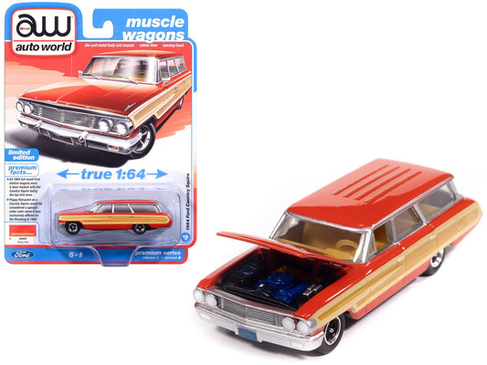 1964 Ford Country Squire Poppy Red with Woodgrain Sides "Muscle Wagons" Series 1/64 Diecast Model Car by Auto World free shipping USA - Rapid Vehicles