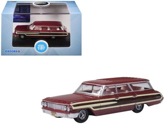 1964 Ford Country Station Wagon Squire Vintage Burgundy with Woodgrain Sides and White Interior 1/87 (HO) Scale Diecast Model Car by Oxford Diecast free shipping USA - Rapid Vehicles