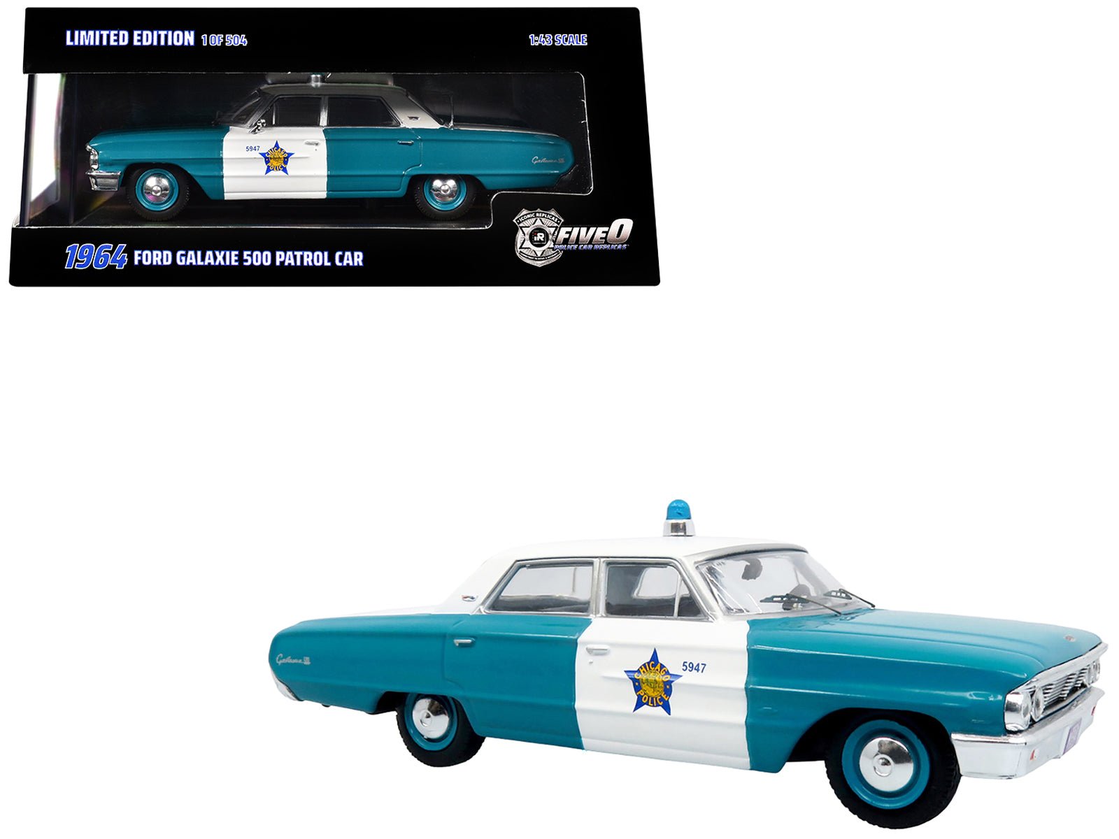 1964 Ford Galaxie 500 Police Car "Chicago Police Department" Blue and White "Five0" Series Limited Edition to 504 pieces Worldwide 1/43 Diecast Model by Iconic Replicas free shipping USA - Rapid Vehicles