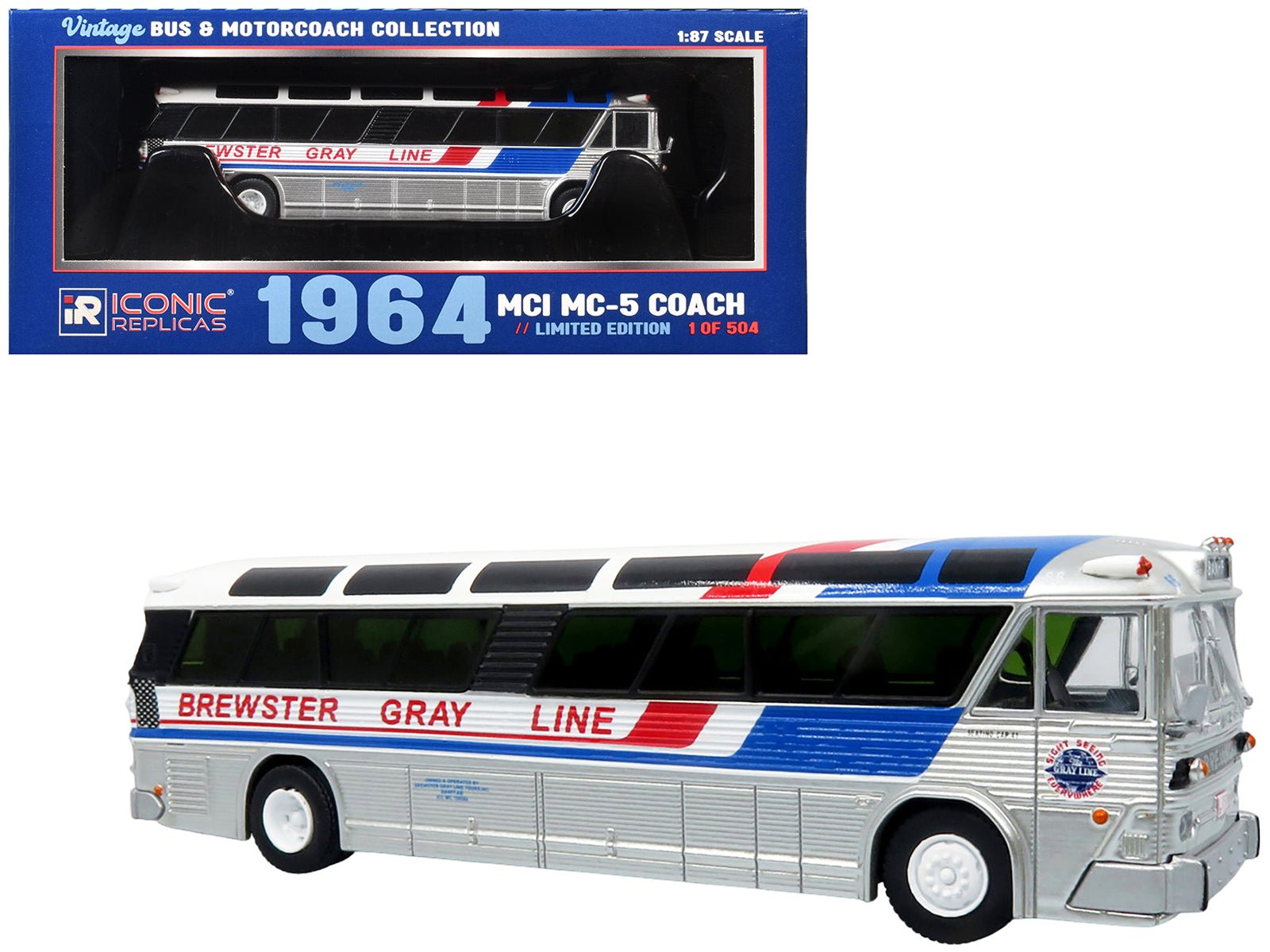 1964 MCI MC-5A Coach Bus "Brewster Gray Line" Silver with Blue and Red Stripes "Vintage Bus & Motorcoach Collection" Limited Edition to 504 pieces Worldwide 1/87 (HO) Diecast Model by Iconic Replicas free shipping USA - Rapid Vehicles