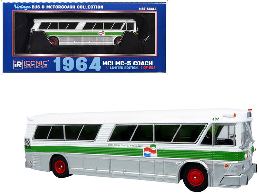 1964 MCI MC - 5A Coach Bus "Golden Gate Transit" White with Green Stripes "Vintage Bus & Motorcoach Collection" Limited Edition to 504 pieces Worldwide 1/87 (HO) Diecast Model by Iconic Replicas free shipping USA - Rapid Vehicles