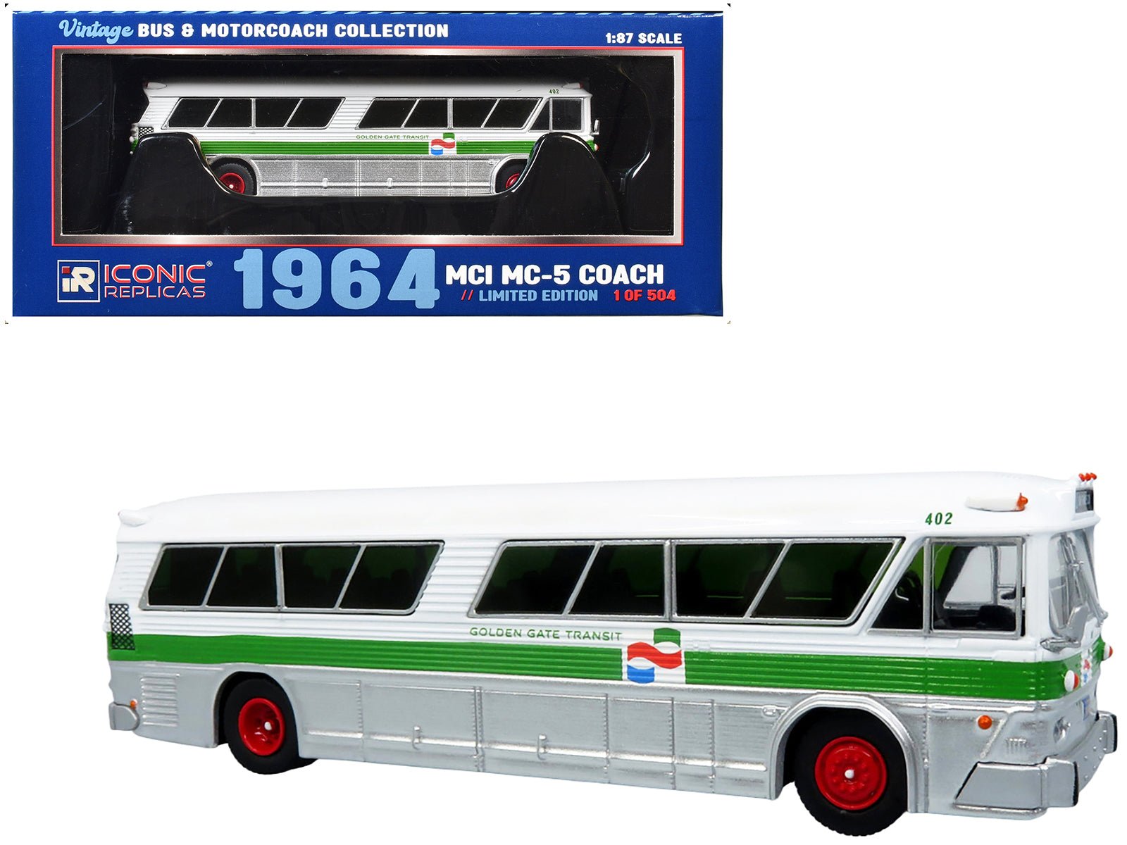 1964 MCI MC-5A Coach Bus "Golden Gate Transit" White with Green Stripes "Vintage Bus & Motorcoach Collection" Limited Edition to 504 pieces Worldwide 1/87 (HO) Diecast Model by Iconic Replicas free shipping USA - Rapid Vehicles