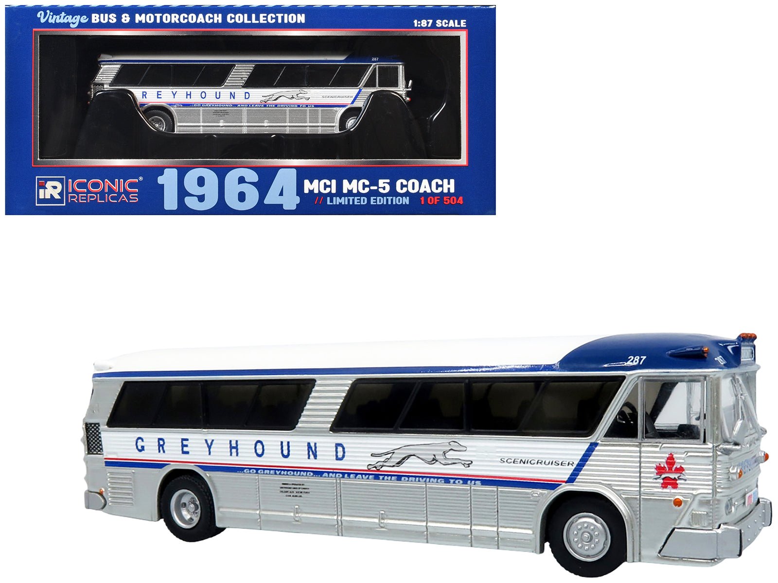 1964 MCI MC-5A Coach Bus "Greyhound Canada" White with Blue Stripes "Vintage Bus & Motorcoach Collection" Limited Edition to 504 pieces Worldwide 1/87 (HO) Diecast Model by Iconic Replicas free shipping USA - Rapid Vehicles