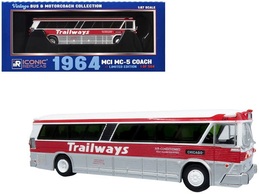 1964 MCI MC - 5A Coach Bus "Trailways Chicago" White with Red Stripes "Vintage Bus & Motorcoach Collection" Limited Edition to 504 pieces Worldwide 1/87 (HO) Diecast Model by Iconic Replicas free shipping USA - Rapid Vehicles