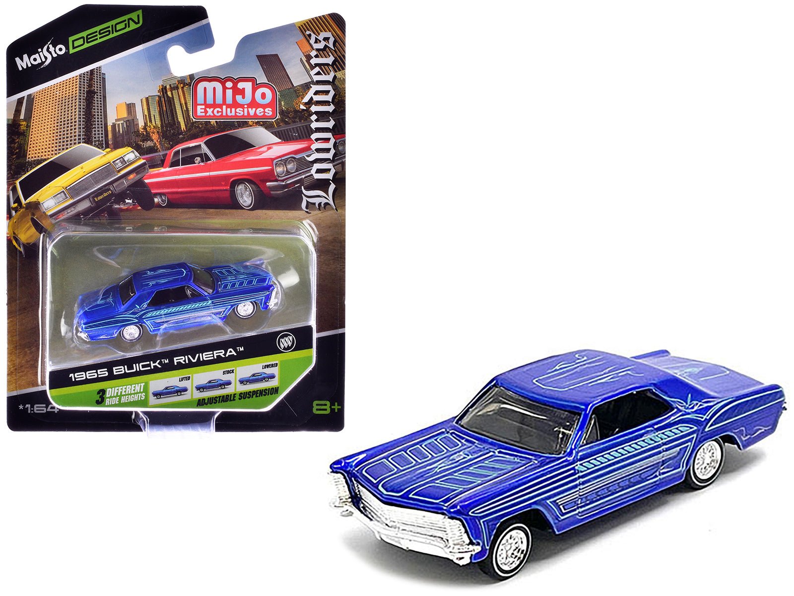 1965 Buick Riviera Candy Blue with Graphics "Lowriders" "Maisto Design" Series 1/64 Diecast Model Car by Maisto free shipping USA - Rapid Vehicles
