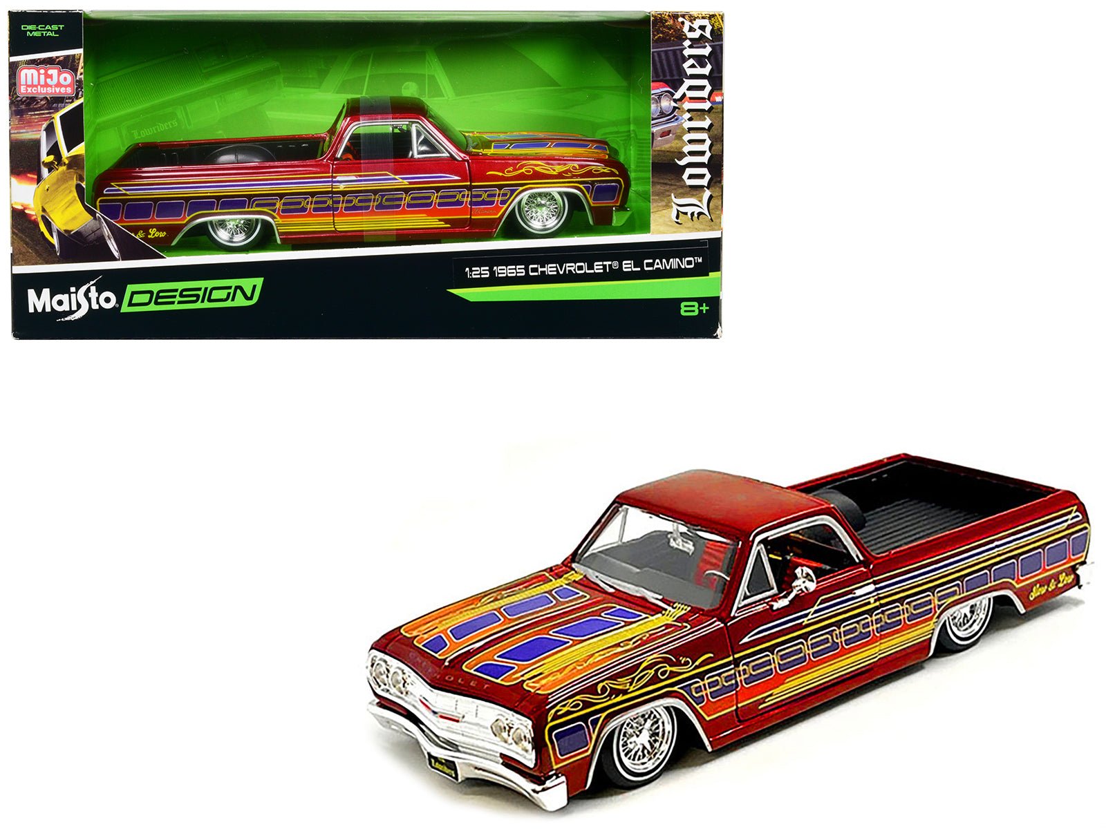 1965 Chevrolet El Camino Lowrider Candy Red Metallic with Graphics "Lowriders" Series 1/25 Diecast Model Car by Maisto free shipping USA - Rapid Vehicles