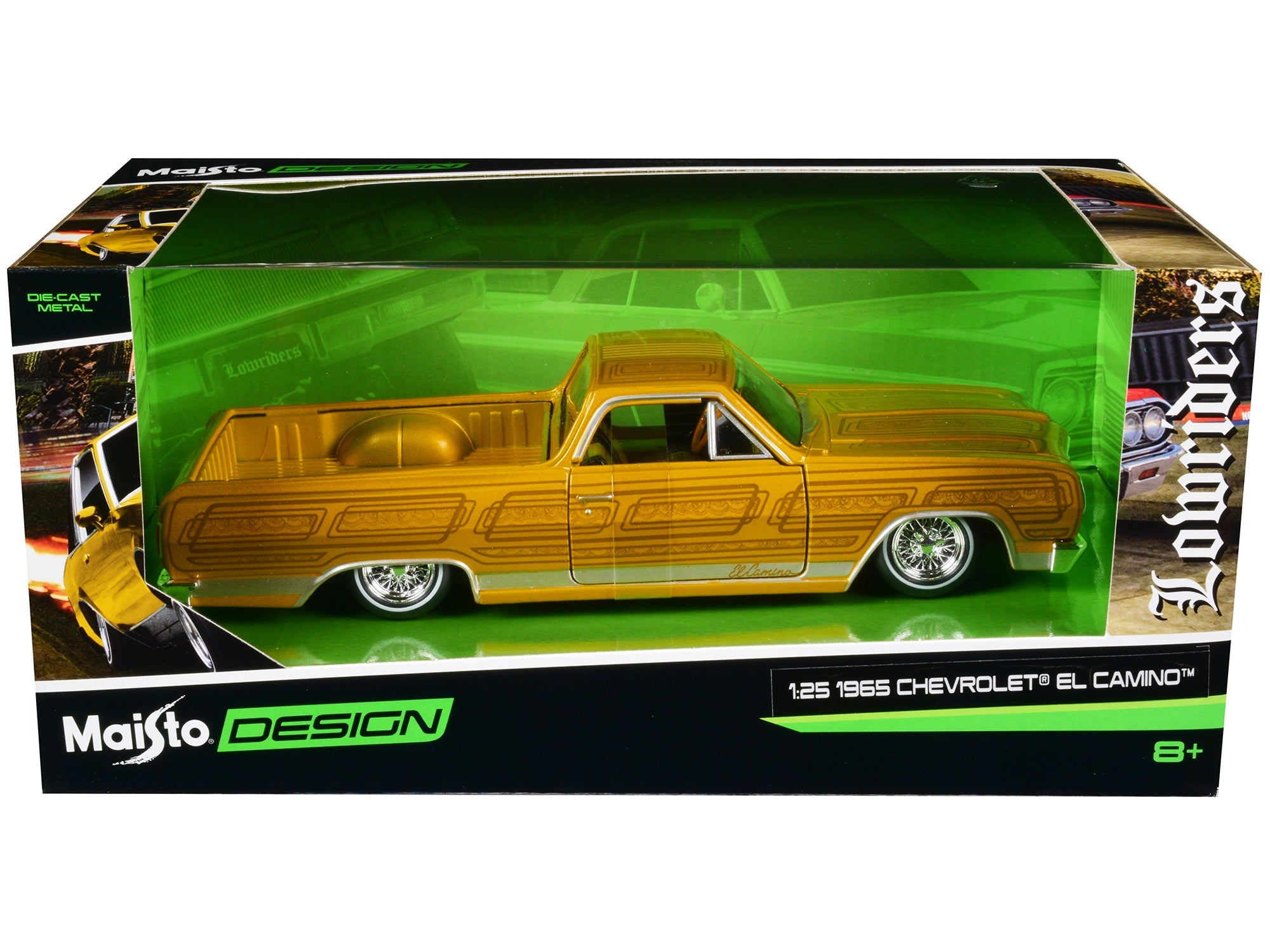 1965 Chevrolet El Camino Lowrider Gold Metallic with Graphics "Lowriders" Series 1/25 Diecast Model Car by Maisto free shipping USA - Rapid Vehicles