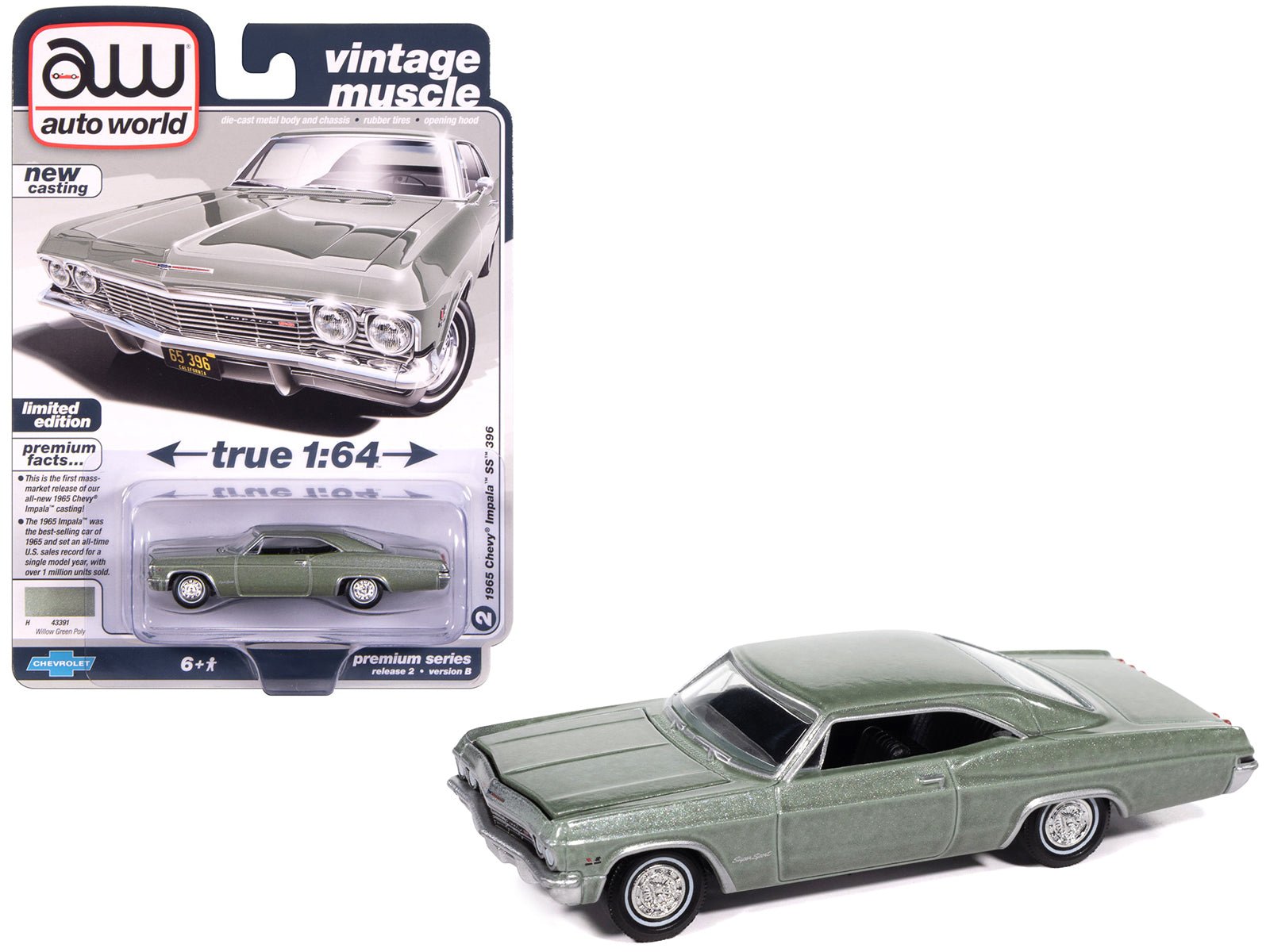 1965 Chevrolet Impala SS 396 Willow Green Metallic "Vintage Muscle" Series 1/64 Diecast Model Car by Auto World free shipping USA - Rapid Vehicles