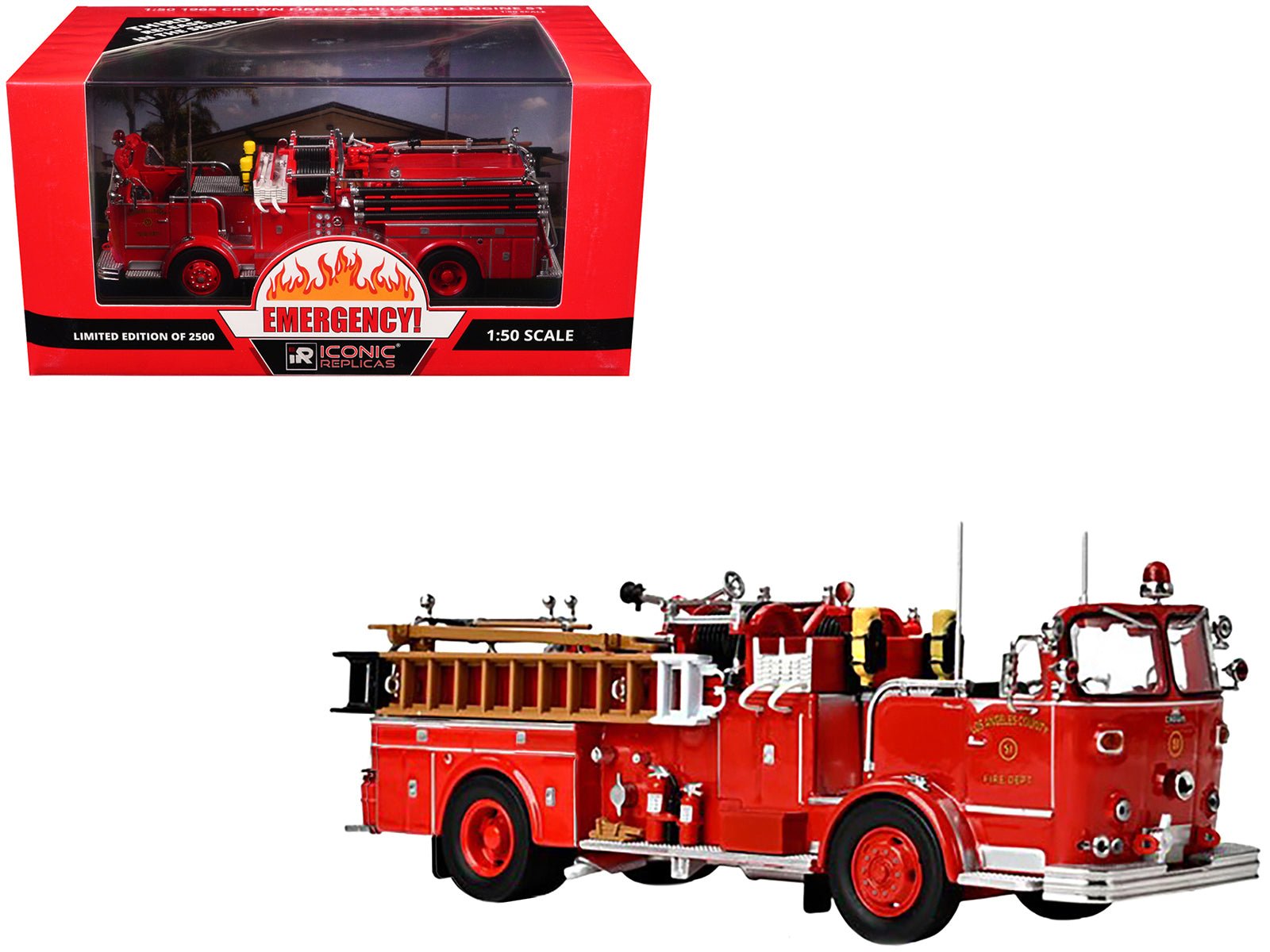 1965 Crown Firecoach Fire Engine "Los Angeles County Fire Department" LA County FD (LACFD) "Emergency!" Series Limited Edition to 2500 pieces Worldwide 1/50 Diecast Model by Iconic Replicas free shipping USA - Rapid Vehicles