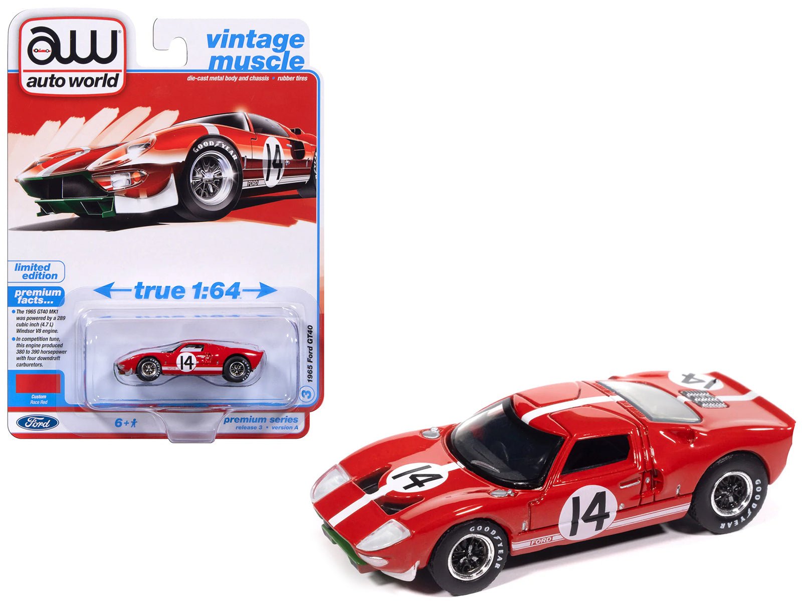 1965 Ford GT40 14 Red with White Stripes "Vintage Muscle" Series 1/64 Diecast Model Car by Auto World free shipping USA - Rapid Vehicles
